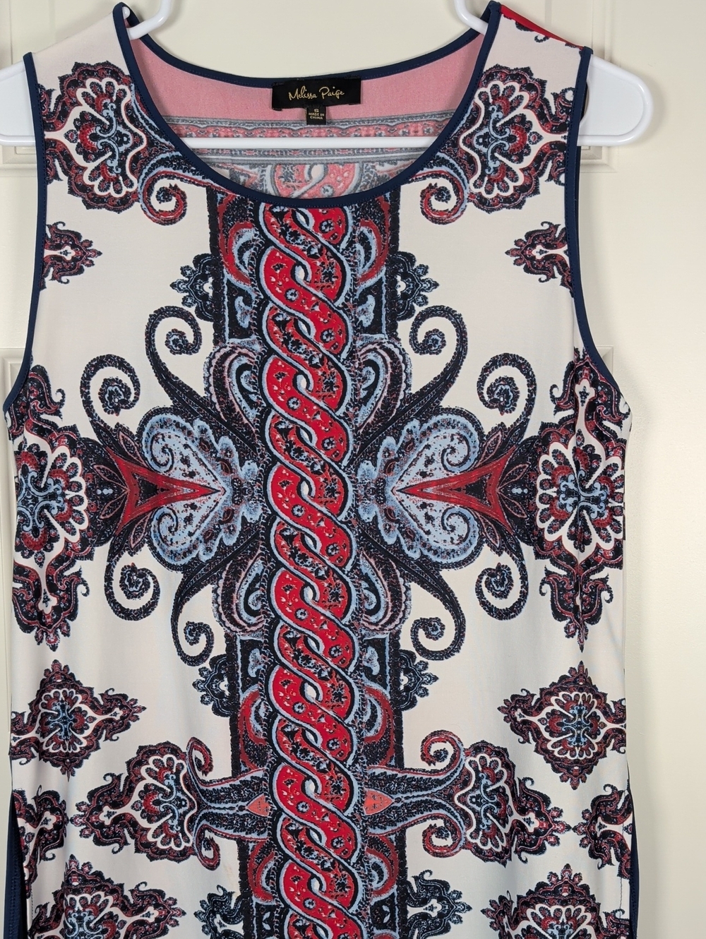 Melissa Paige White Navy Red Paisley Print Sleeveless Shift Dress - Picture 5 of 10